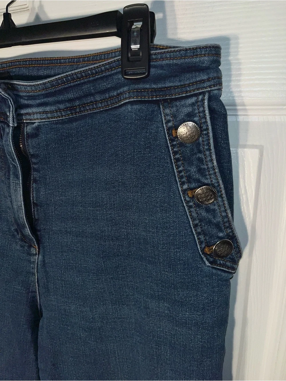 Women’s Talbots High Rise Wide Leg Sailor Jeans Dark Fleet Wash Button Size 14